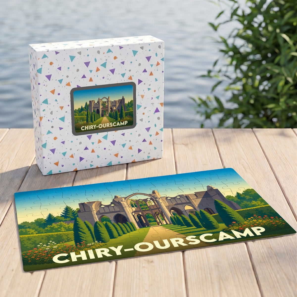 Puzzle souvenir de la ville de Chiry-Ourscamp avec une illustration stylisée de son abbaye.