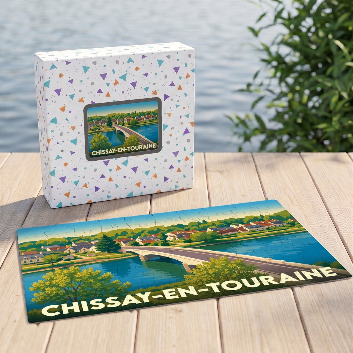 Puzzle souvenir de la ville de Chissay-en-Touraine avec une illustration stylisée de son pont et de son paysage fluvial.