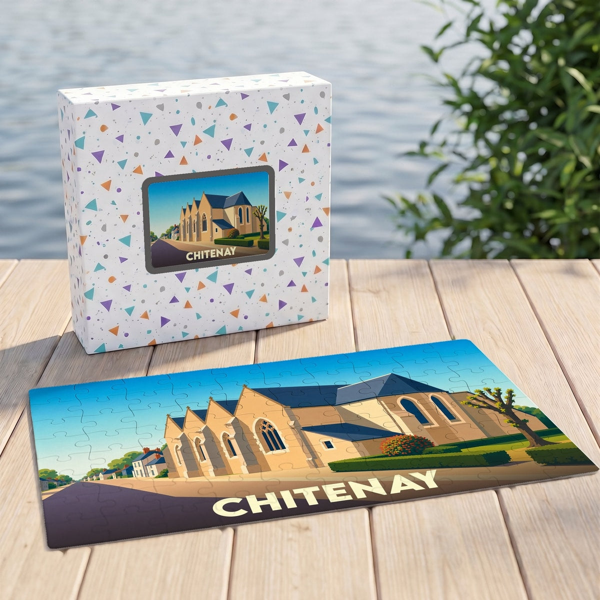Puzzle souvenir de la ville de Chitenay avec une illustration stylisée.