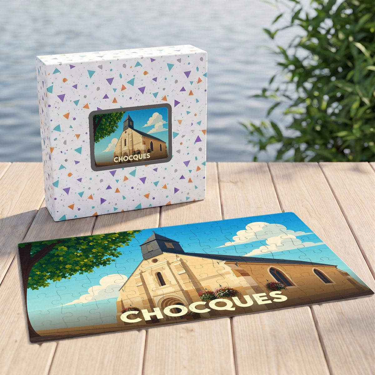 Puzzle souvenir de la ville de Chocques avec une illustration stylisée.