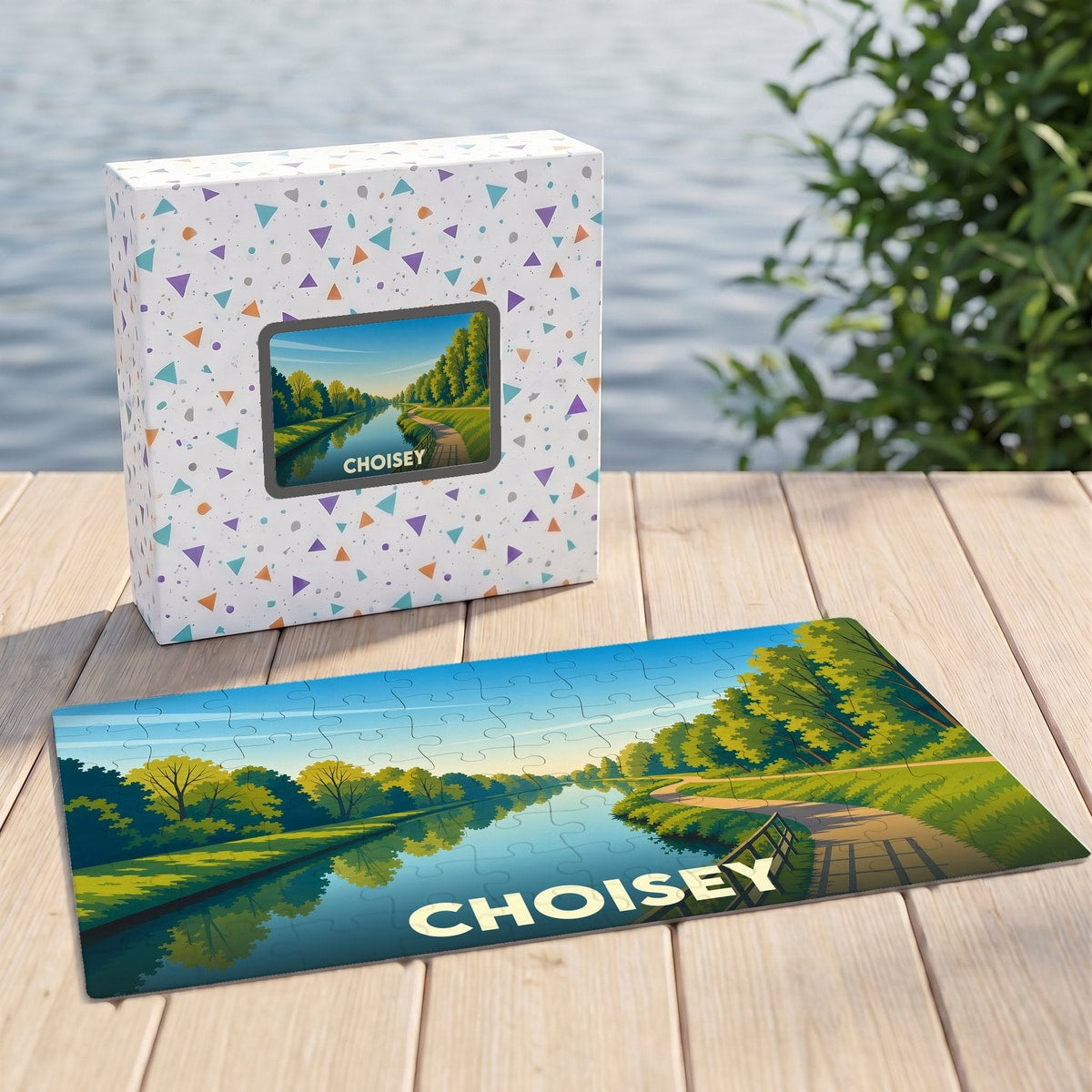 Puzzle souvenir de la ville de Choisey avec une illustration stylisée d'un paysage de bord d'eau.