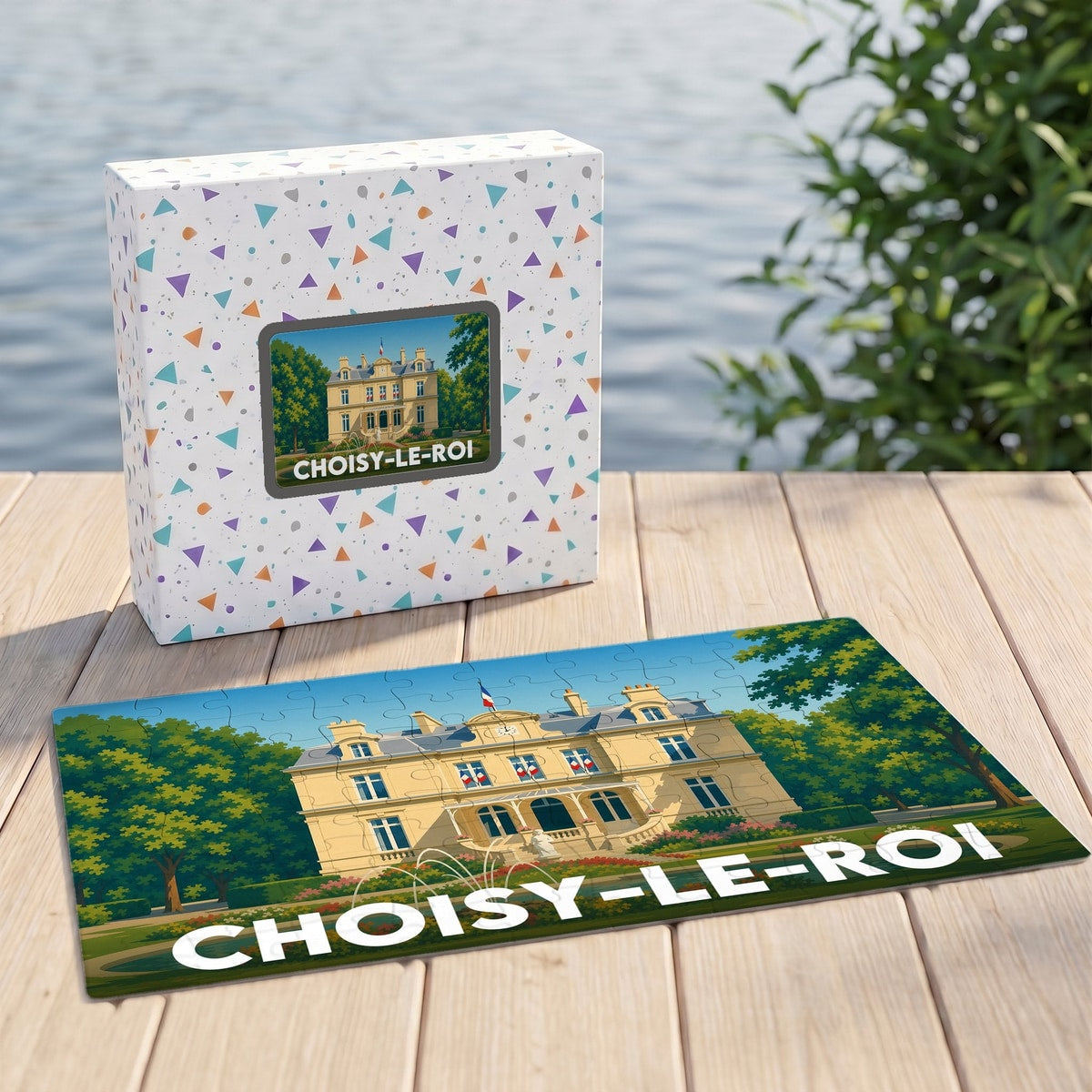 Puzzle souvenir de la ville de Choisy-le-Roi illustrant son hôtel de ville dans un style graphique.