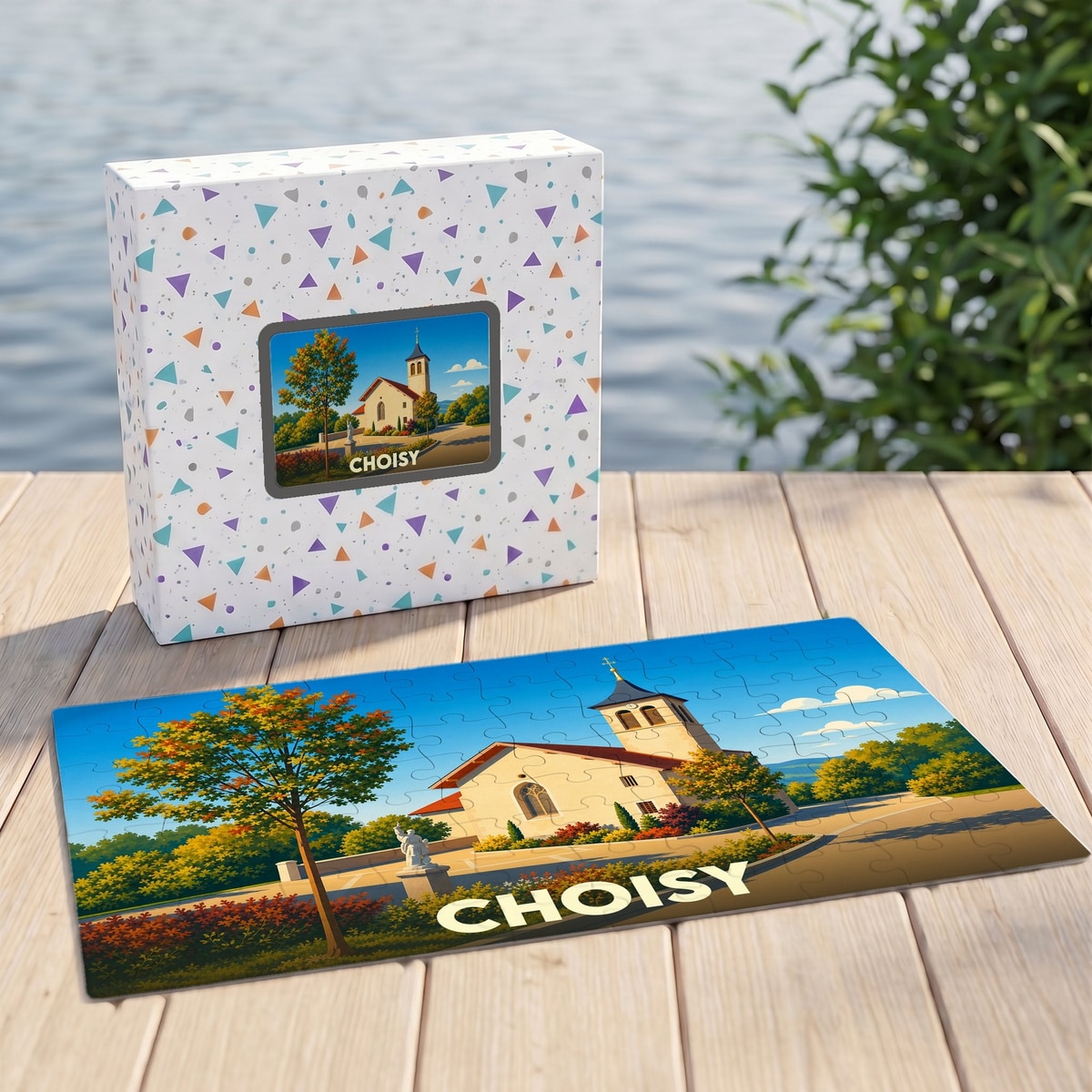 Puzzle souvenir de la ville de Choisy avec une illustration stylisée d'un paysage urbain ensoleillé.