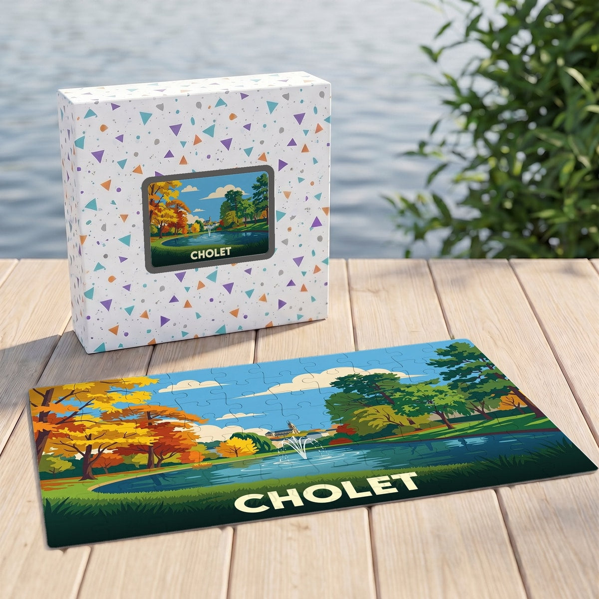 Puzzle souvenir de la ville de Cholet illustrant un parc arboré avec un jet d'eau, présenté avec sa boîte assortie.