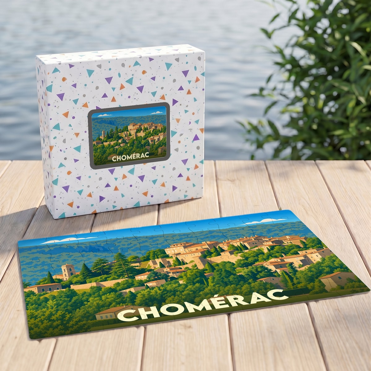 Puzzle souvenir de la ville de Chomérac avec une illustration stylisée de son paysage urbain.
