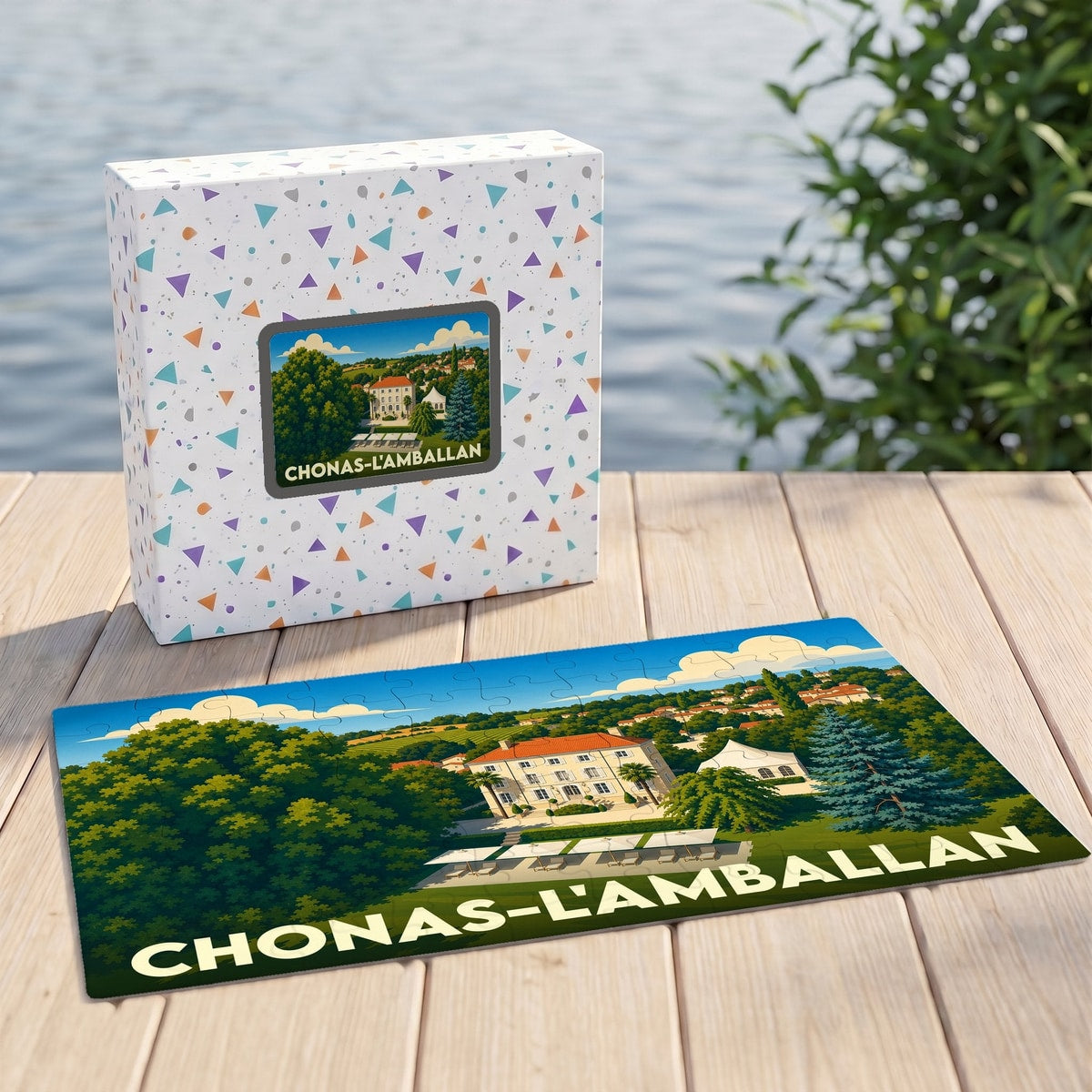 Puzzle souvenir de la ville de Chonas-l'Amballan avec une illustration de style affiche de voyage rétro.