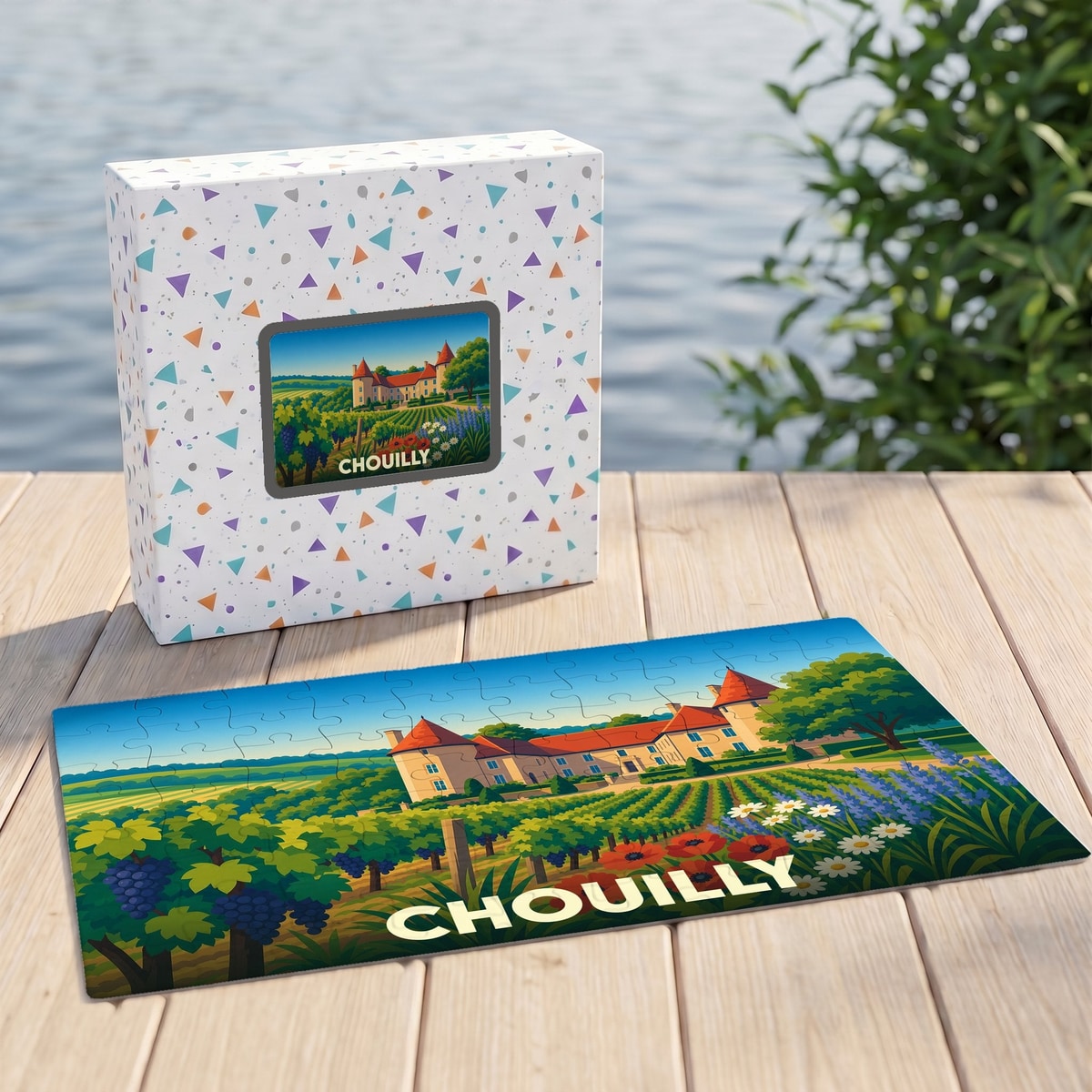 Puzzle souvenir de la ville de Chouilly illustrant un château entouré de vignobles.