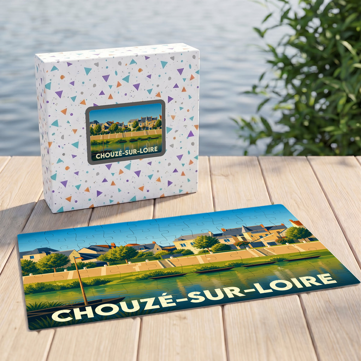 Puzzle souvenir de la ville de Chouzé-sur-Loire avec une illustration stylisée des bords de Loire.