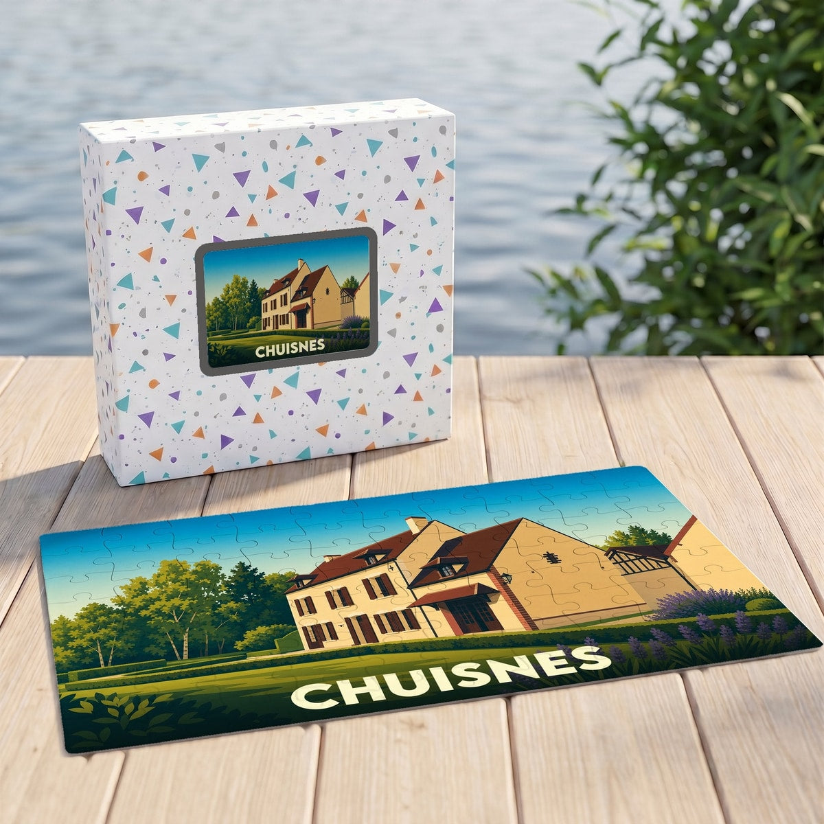 Puzzle souvenir de la ville de Chuisnes avec une illustration stylisée représentant une maison traditionnelle.
