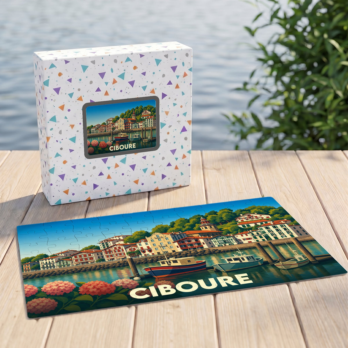 Puzzle souvenir de la ville de Ciboure illustrant son port et ses maisons typiques dans un style graphique coloré.