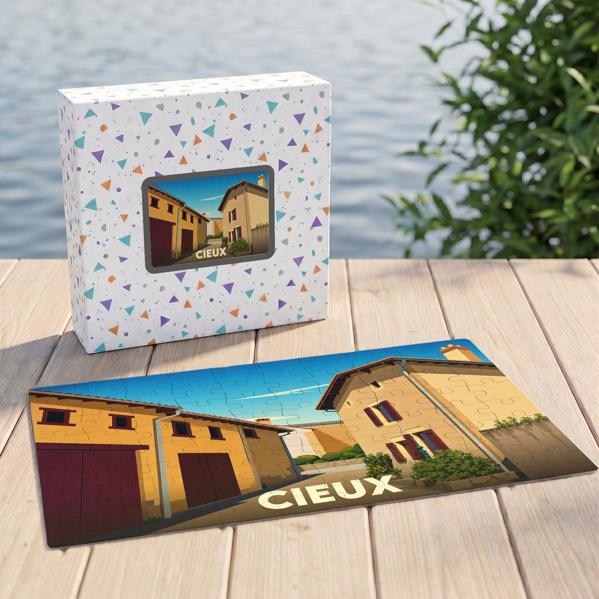 Puzzle souvenir de la ville de Cieux avec une illustration stylisée d'une rue ensoleillée.