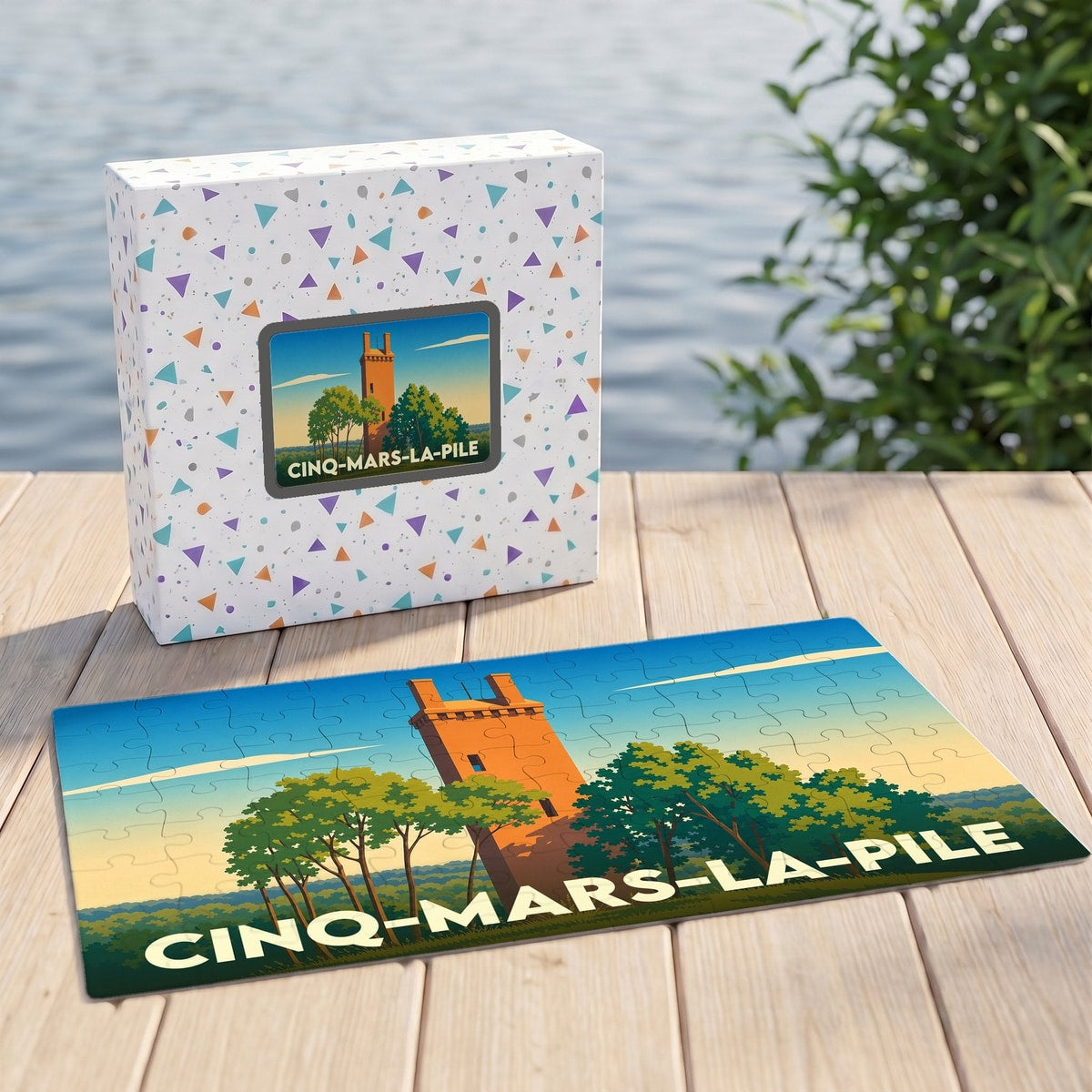 Puzzle souvenir de la ville de Cinq-Mars-la-Pile avec une illustration stylisée de sa tour historique.