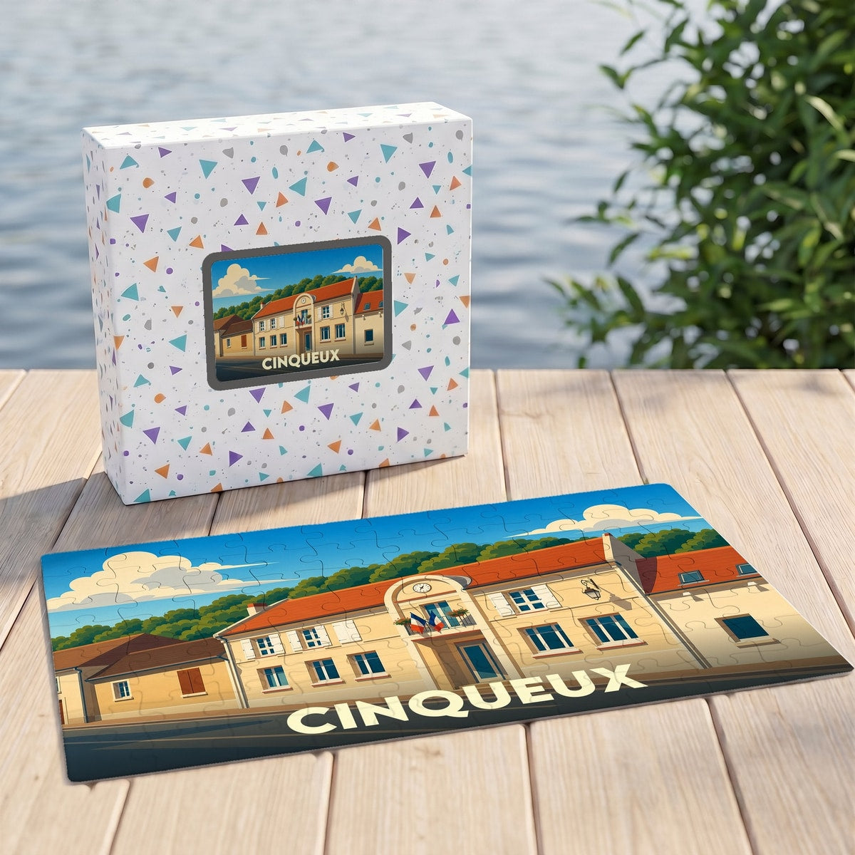 Puzzle souvenir de la ville de Cinqueux avec une illustration stylisée de sa mairie.