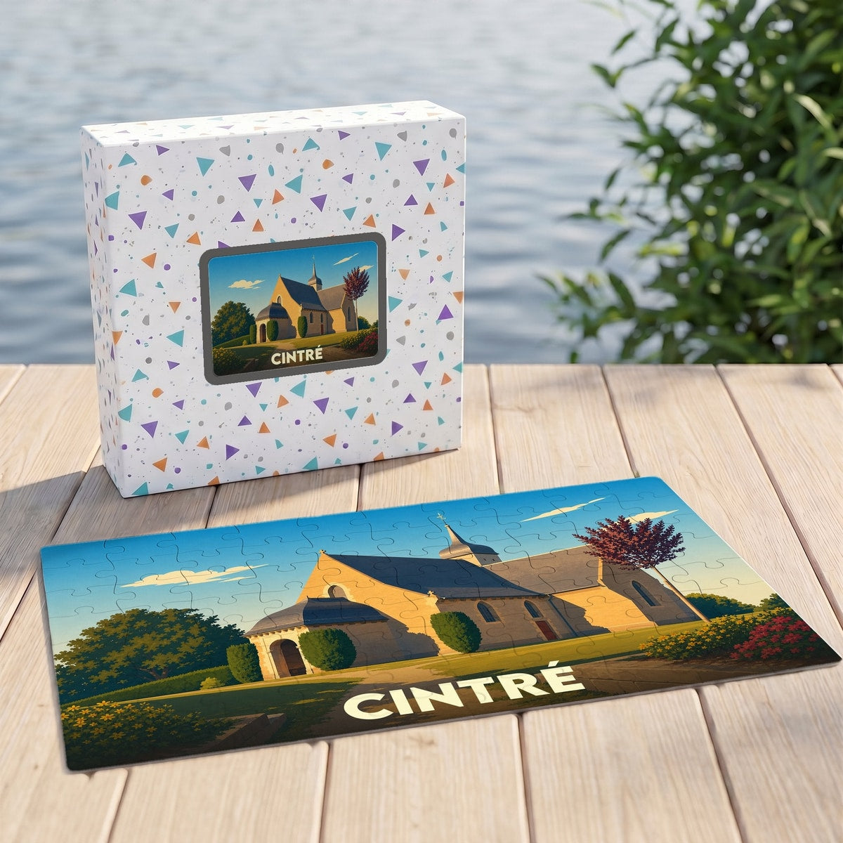 Puzzle souvenir de la ville de Cintré avec une illustration stylisée de son église.