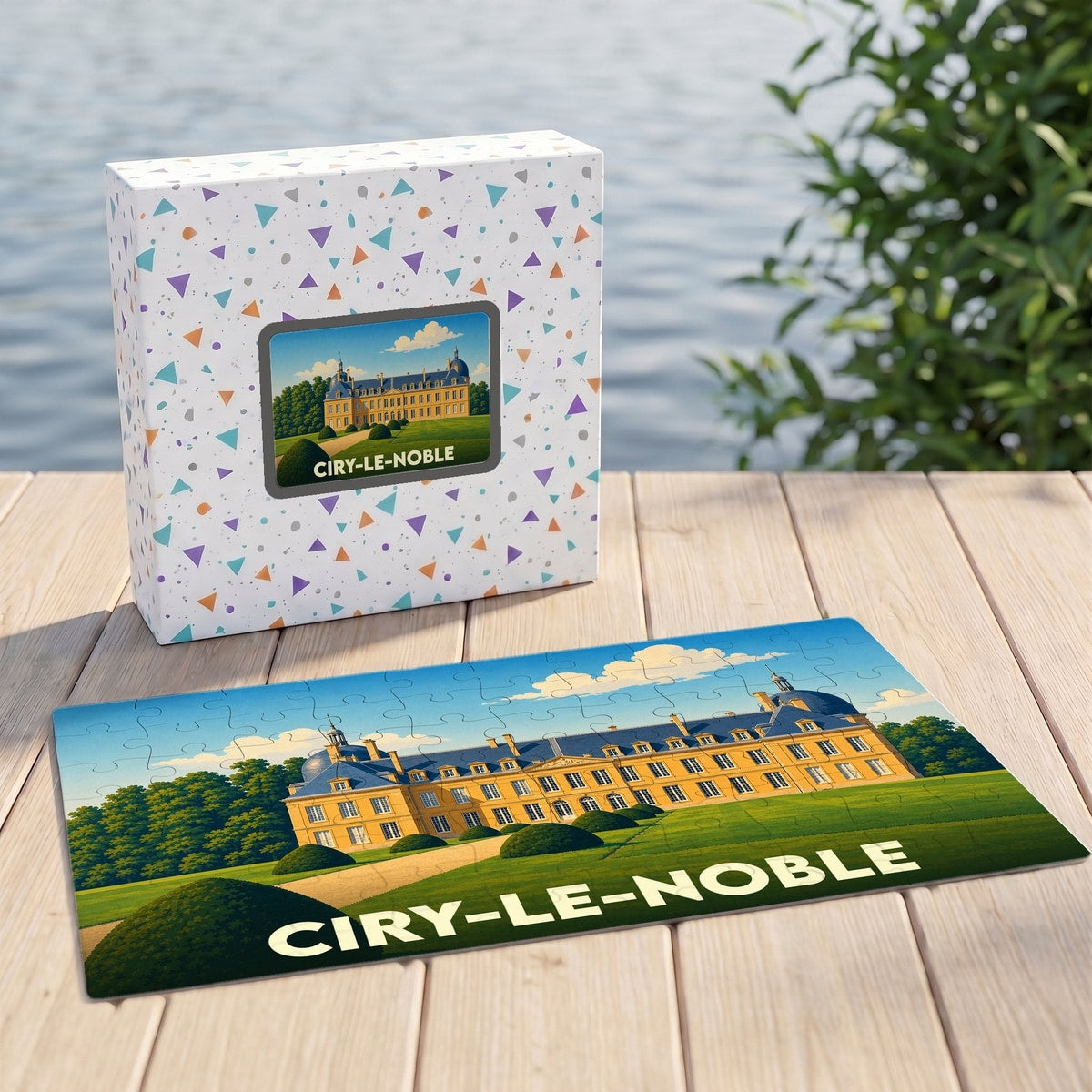 Puzzle souvenir de la ville de Ciry-le-Noble avec une illustration stylisée d'un château.