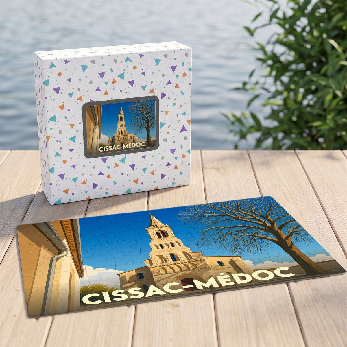 Puzzle souvenir de la ville de Cissac-Médoc avec une illustration stylisée de son église.