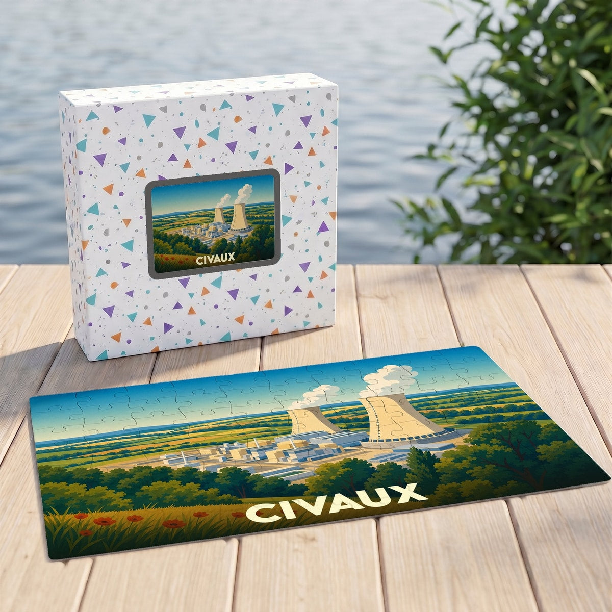 Puzzle souvenir de la ville de Civaux représentant sa centrale nucléaire dans un style illustré.