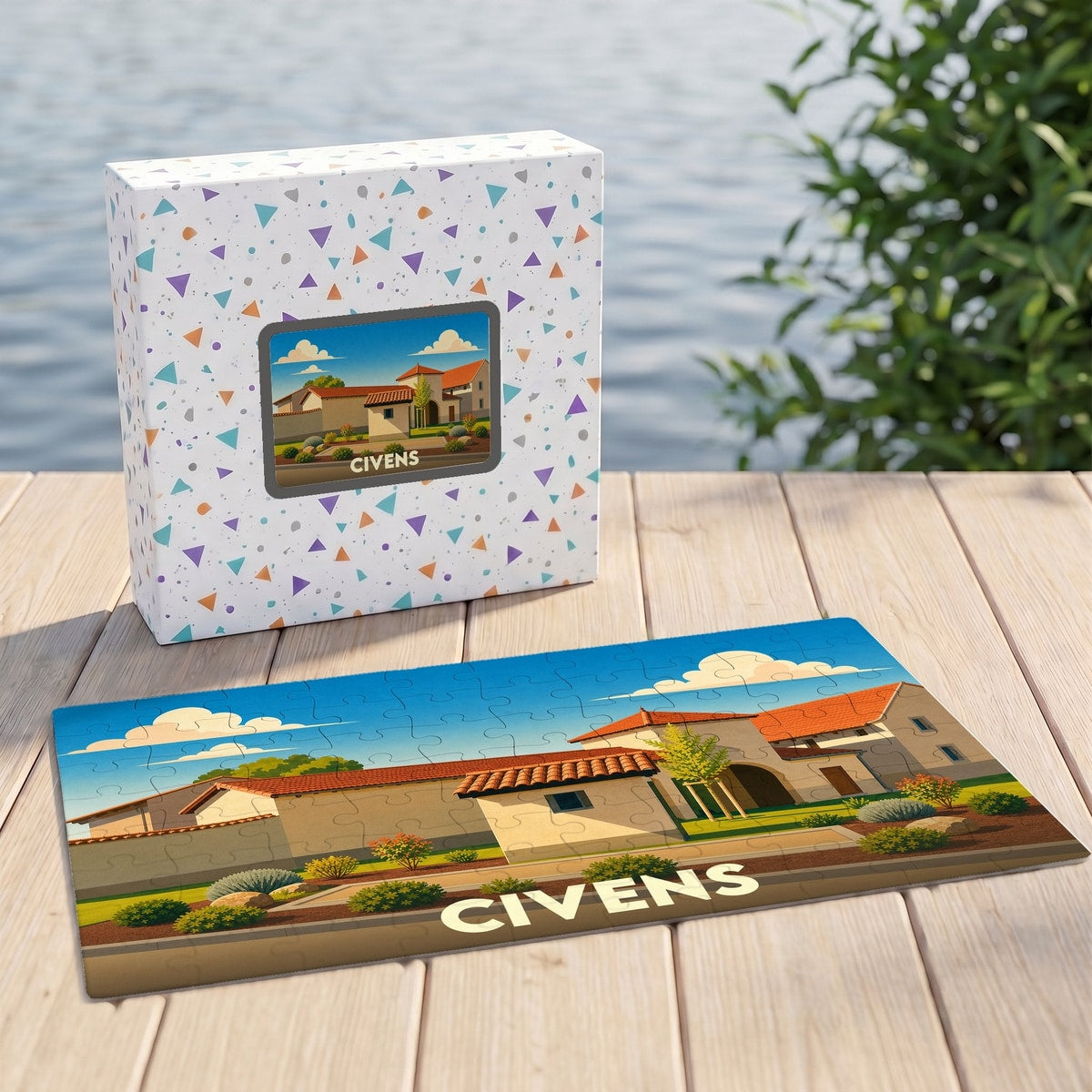 Puzzle souvenir de la ville de Civens avec une illustration stylisée de son architecture locale.