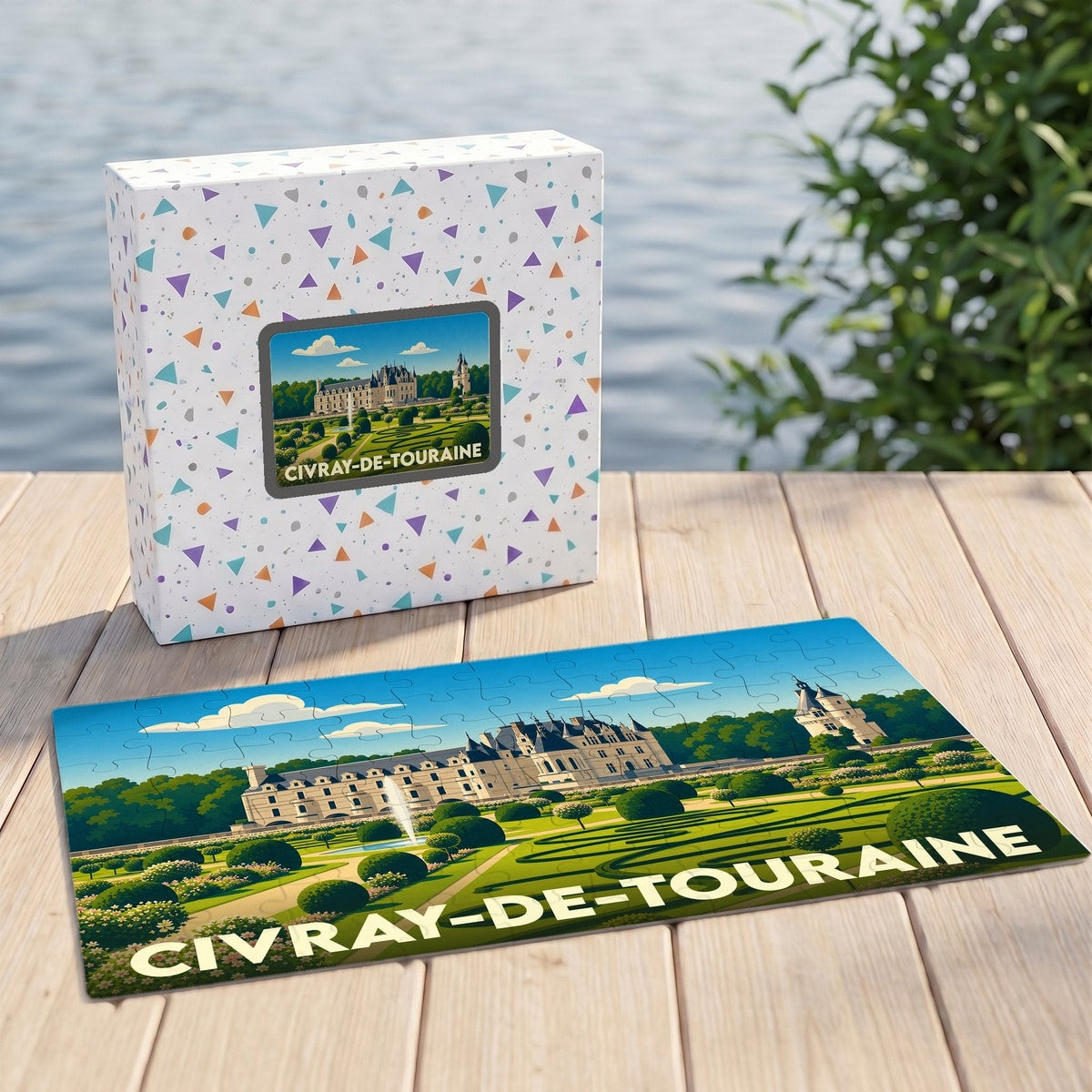 Puzzle souvenir de Civray-de-Touraine illustrant un château et ses jardins dans un style graphique épuré.