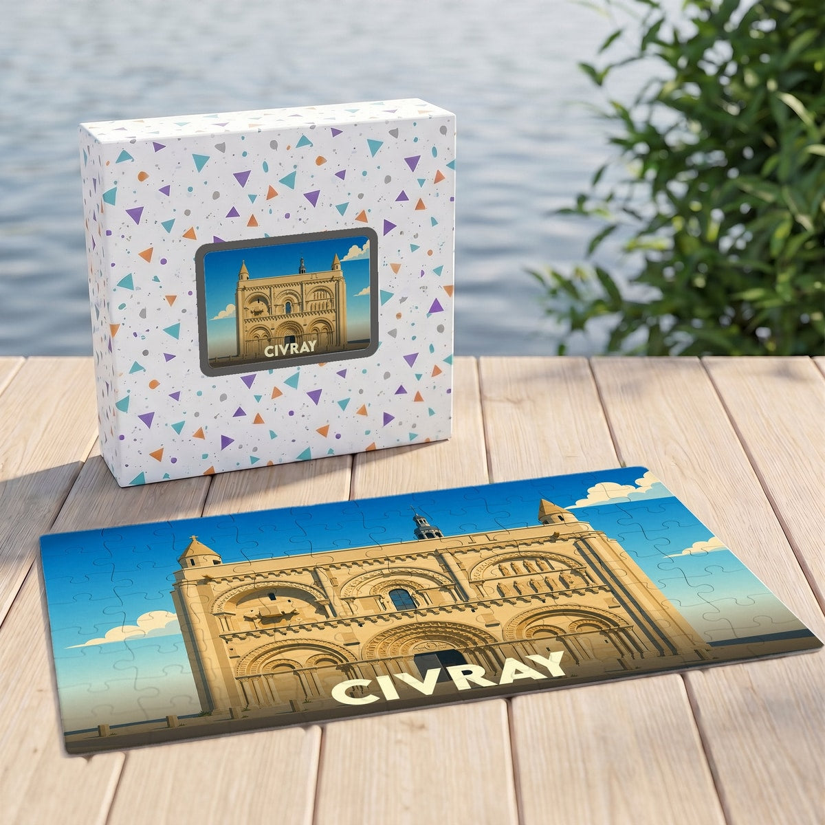 Puzzle souvenir de la ville de Civray avec une illustration stylisée de son église romane.