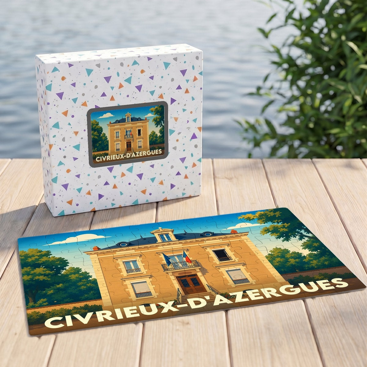 Puzzle souvenir de la ville de Civrieux-d'Azergues avec une illustration stylisée de sa mairie.