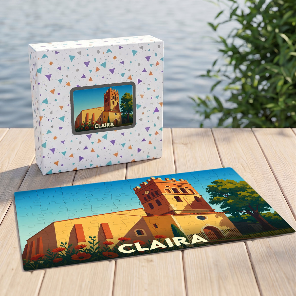 Puzzle souvenir de la ville de Claira illustrant son église dans un style graphique épuré.