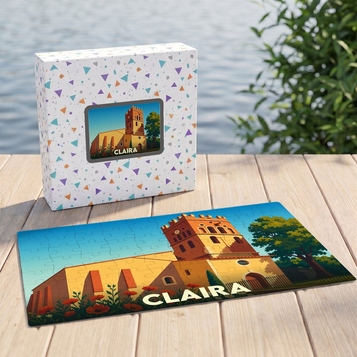 Puzzle souvenir de la ville de Claira illustrant son église dans un style graphique épuré.
