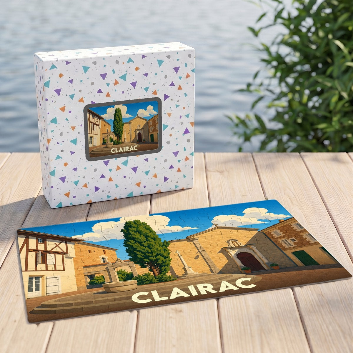 Puzzle souvenir de la ville de Clairac avec une illustration stylisée.