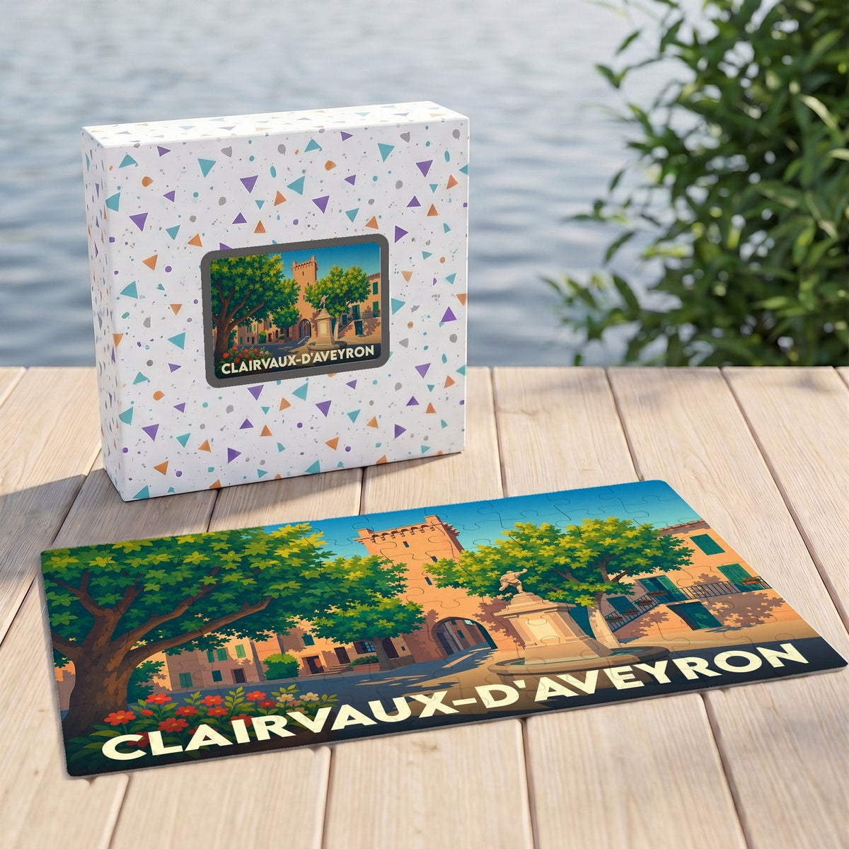 Puzzle souvenir de la ville de Clairvaux-d'Aveyron avec une illustration stylisée d'une place ensoleillée.