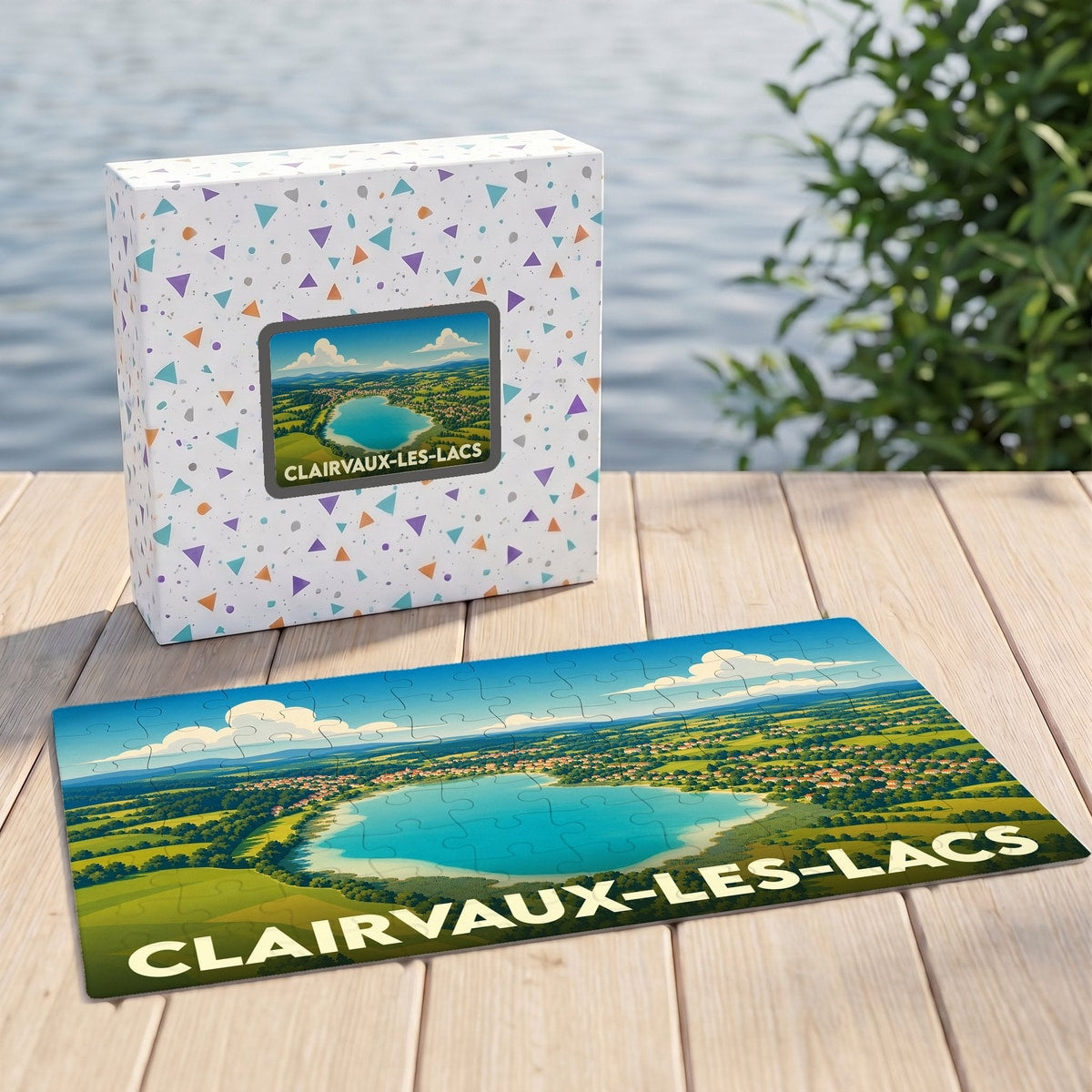 Puzzle souvenir de la ville de Clairvaux-les-Lacs avec une illustration stylisée du lac et de ses environs.