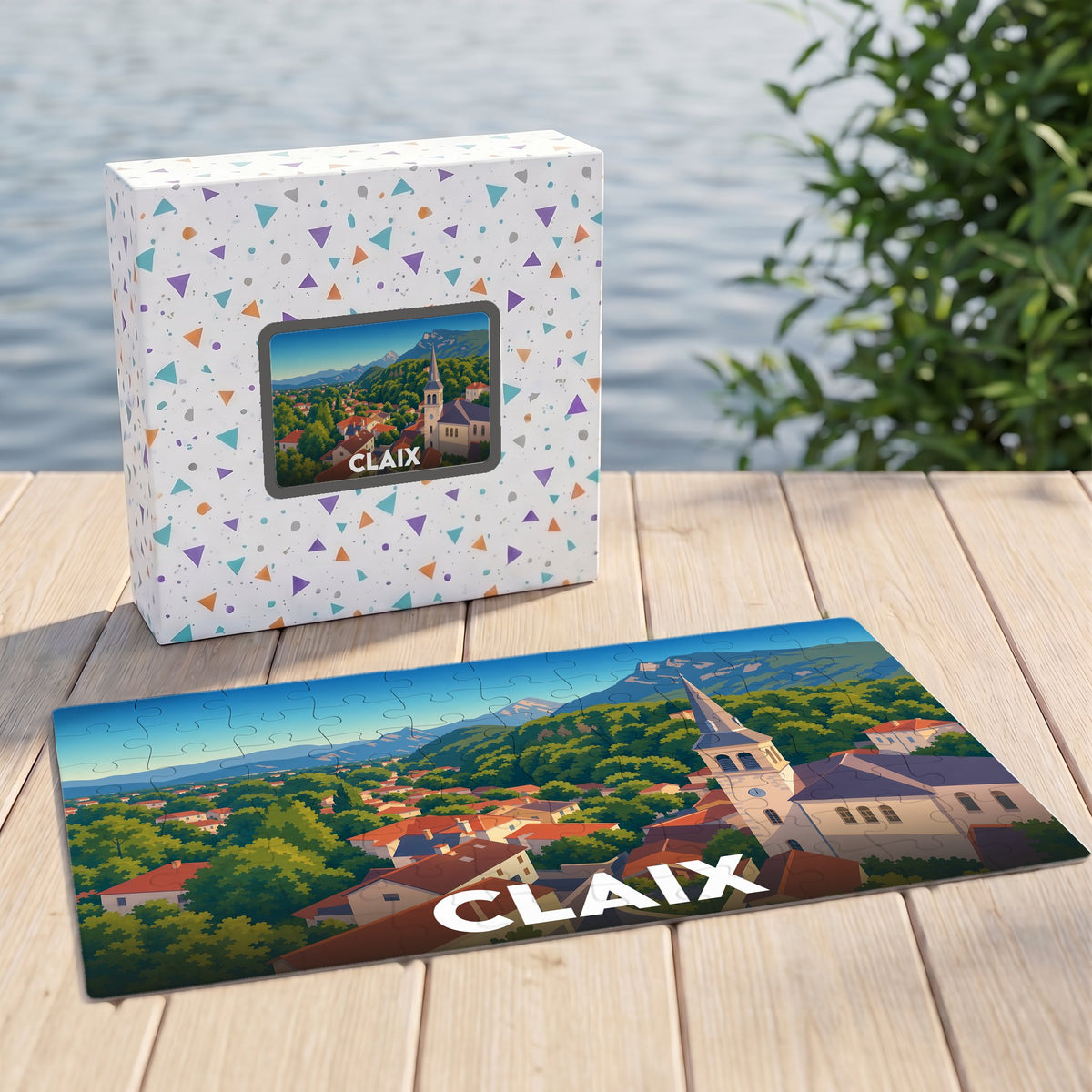 Puzzle souvenir de la ville de Claix avec une illustration panoramique stylisée.