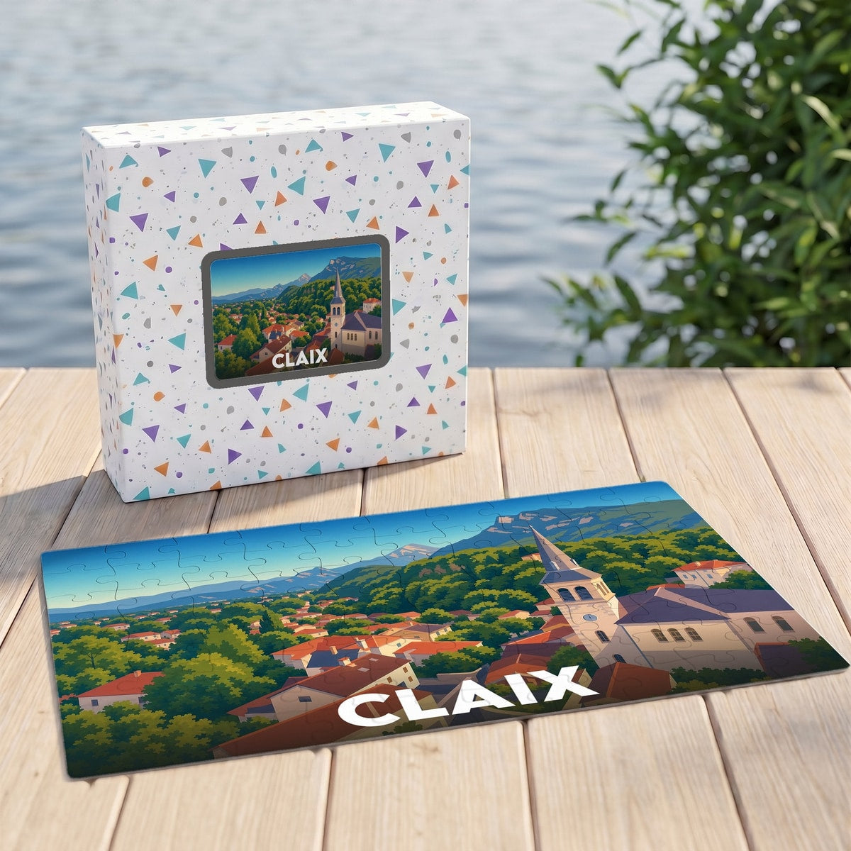 Puzzle souvenir de la ville de Claix avec une illustration panoramique stylisée.
