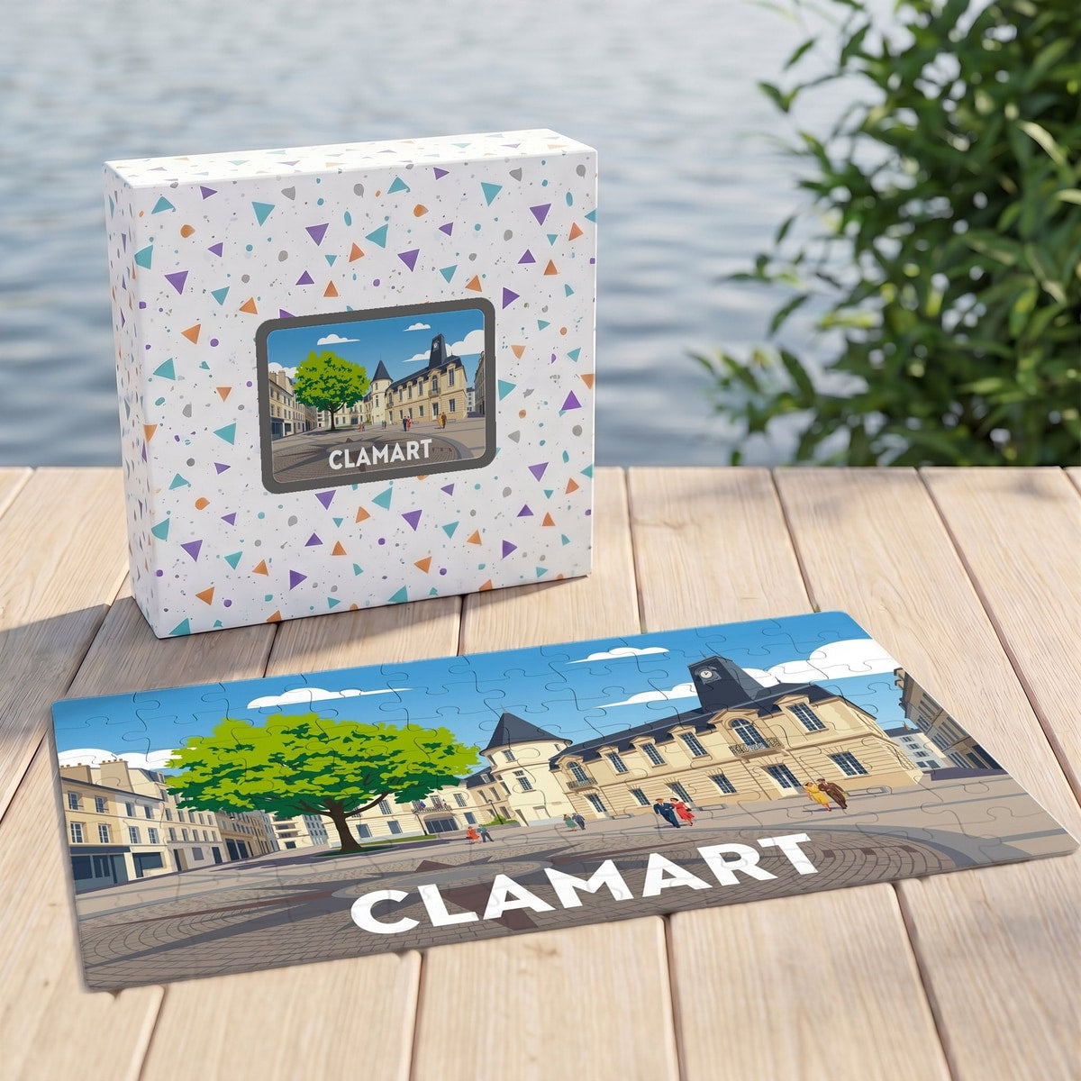 Puzzle souvenir de la ville de Clamart avec une illustration stylisée de sa place principale.