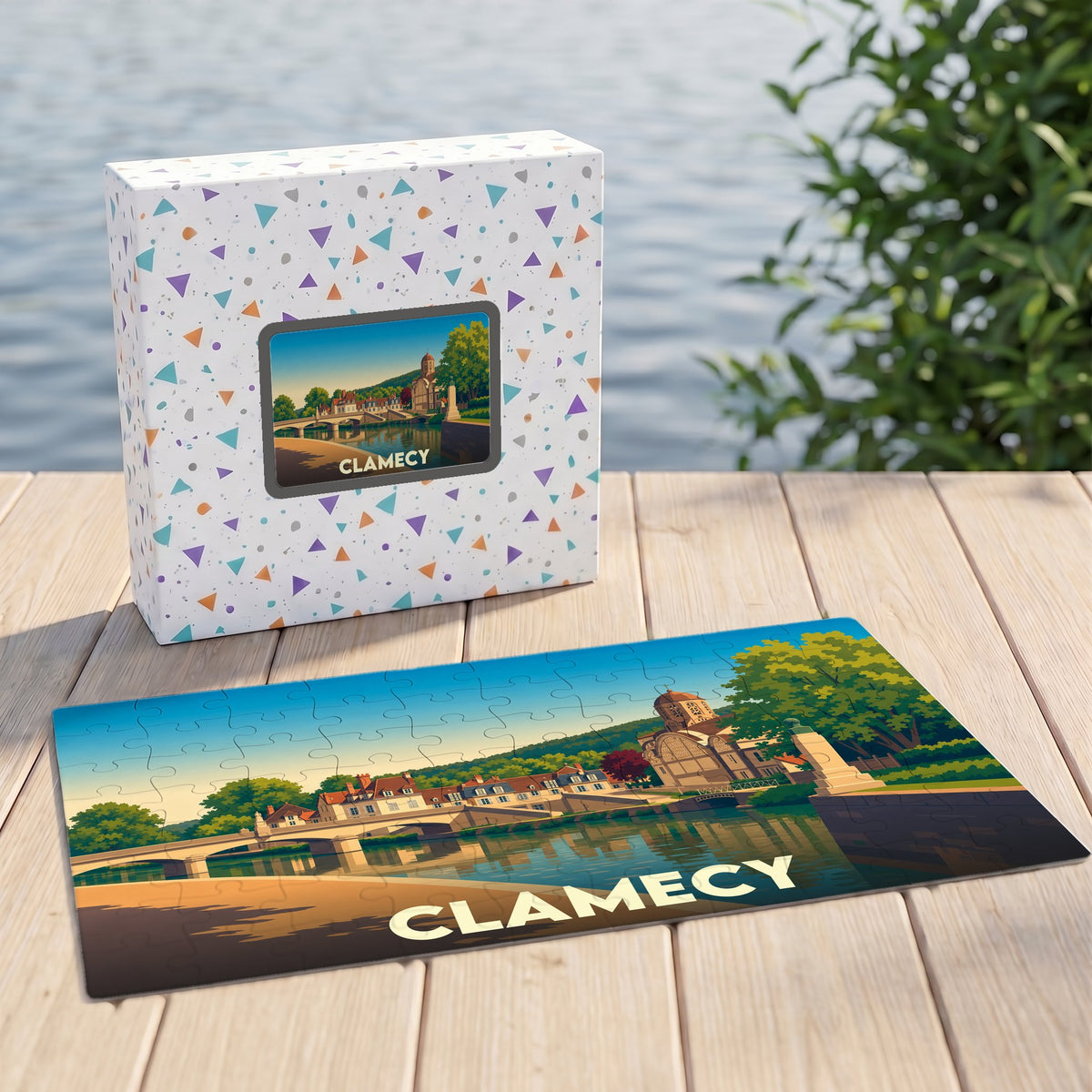 Puzzle souvenir de la ville de Clamecy avec une illustration stylisée et colorée.