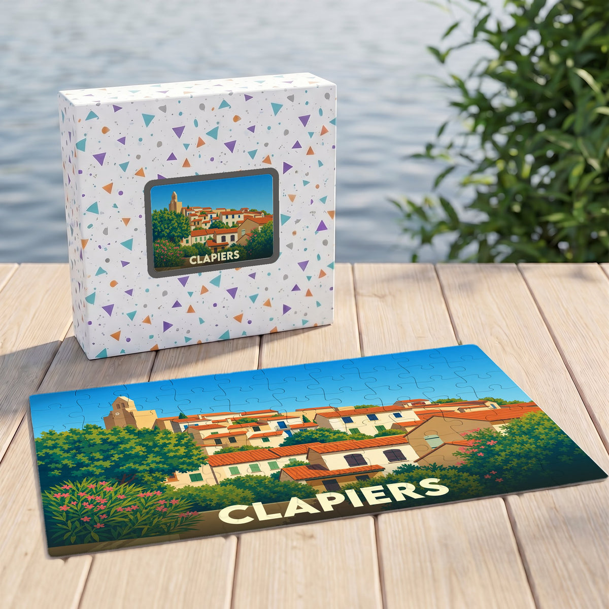 Puzzle souvenir de la ville de Clapiers avec une illustration stylisée et colorée.