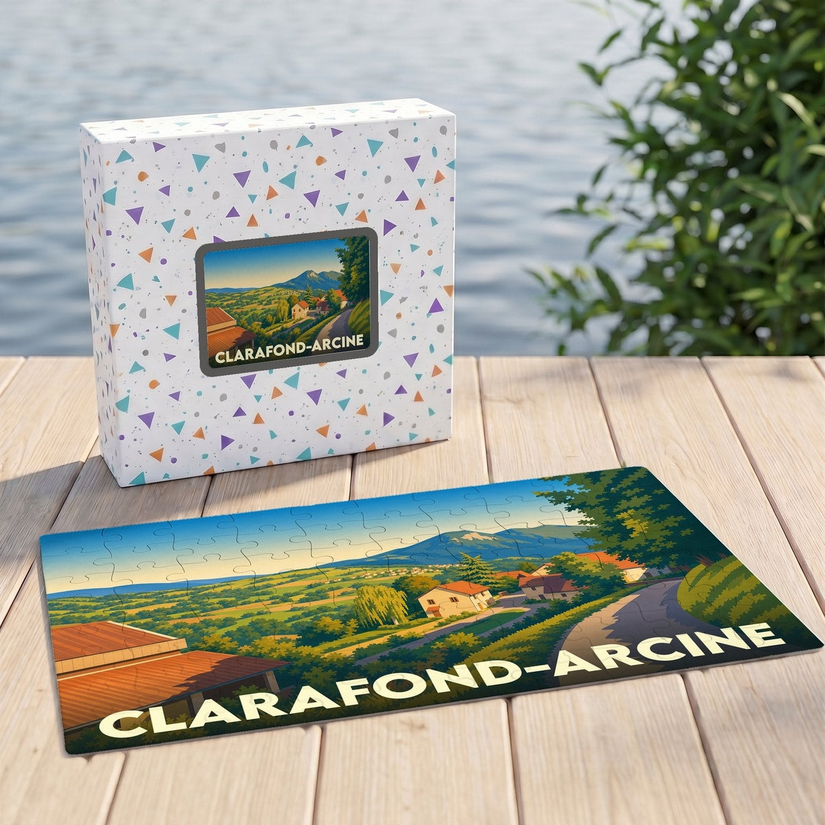 Puzzle souvenir de la ville de Clarafond-Arcine avec une illustration de paysage champêtre stylisée.