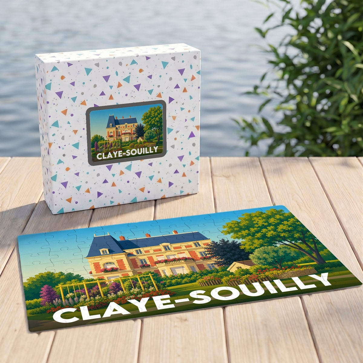 Puzzle souvenir de la ville de Claye-Souilly présentant une illustration colorée de son patrimoine architectural et paysager.