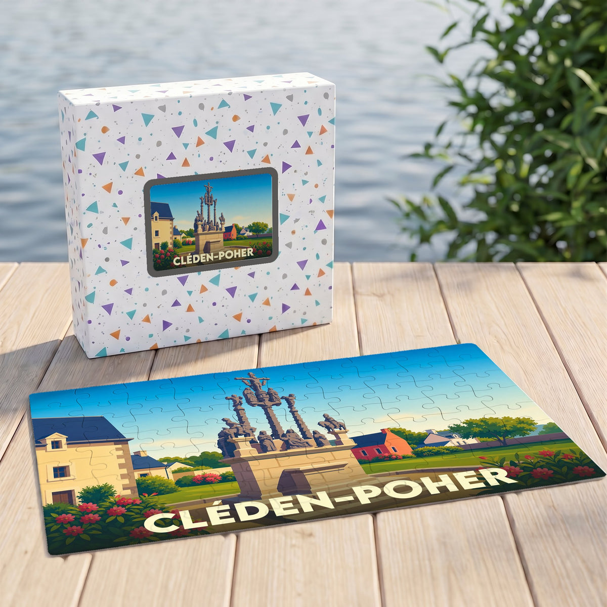 Puzzle souvenir de la ville de Cléden-Poher avec une illustration colorée et stylisée de son calvaire.