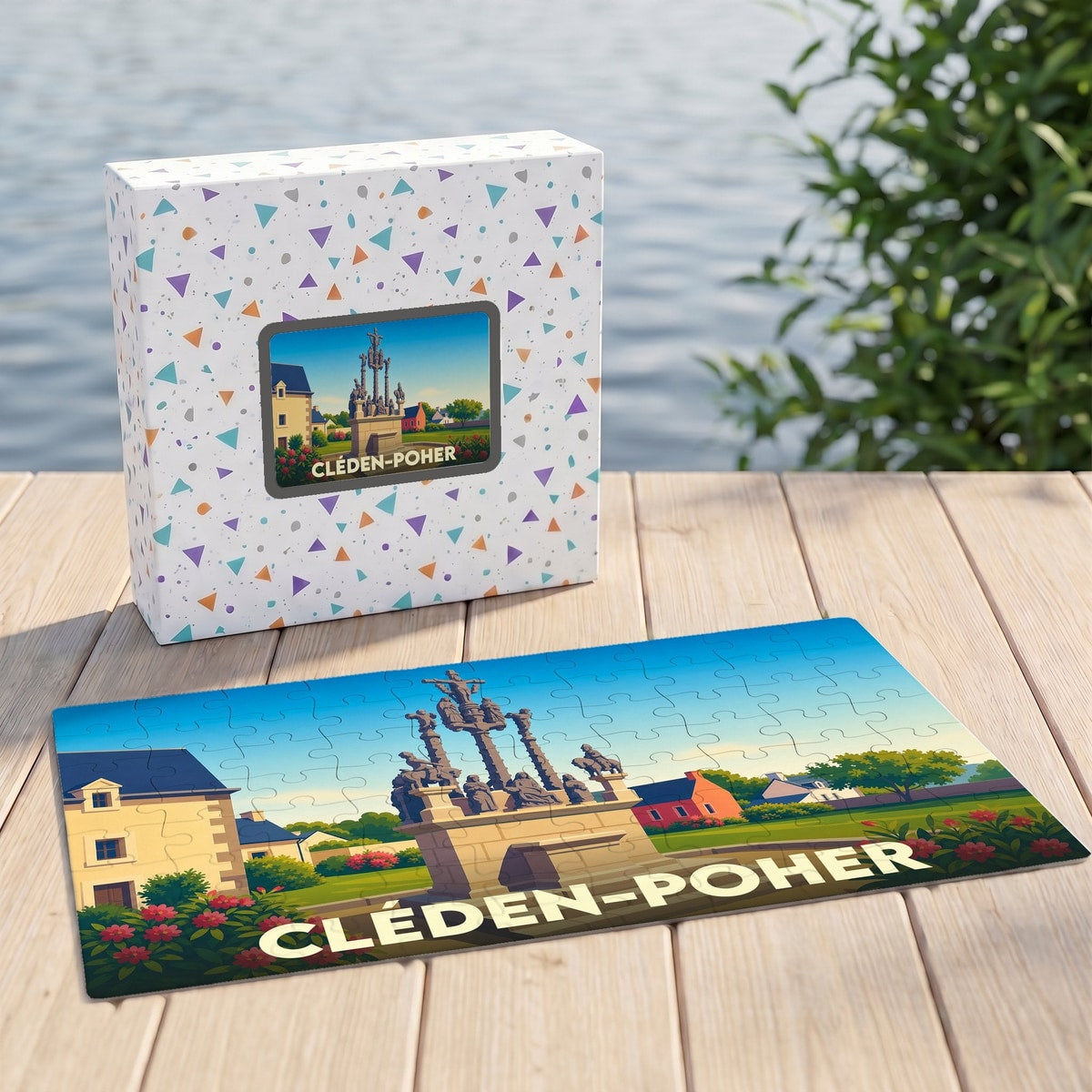 Puzzle souvenir de la ville de Cléden-Poher avec une illustration colorée et stylisée de son calvaire.