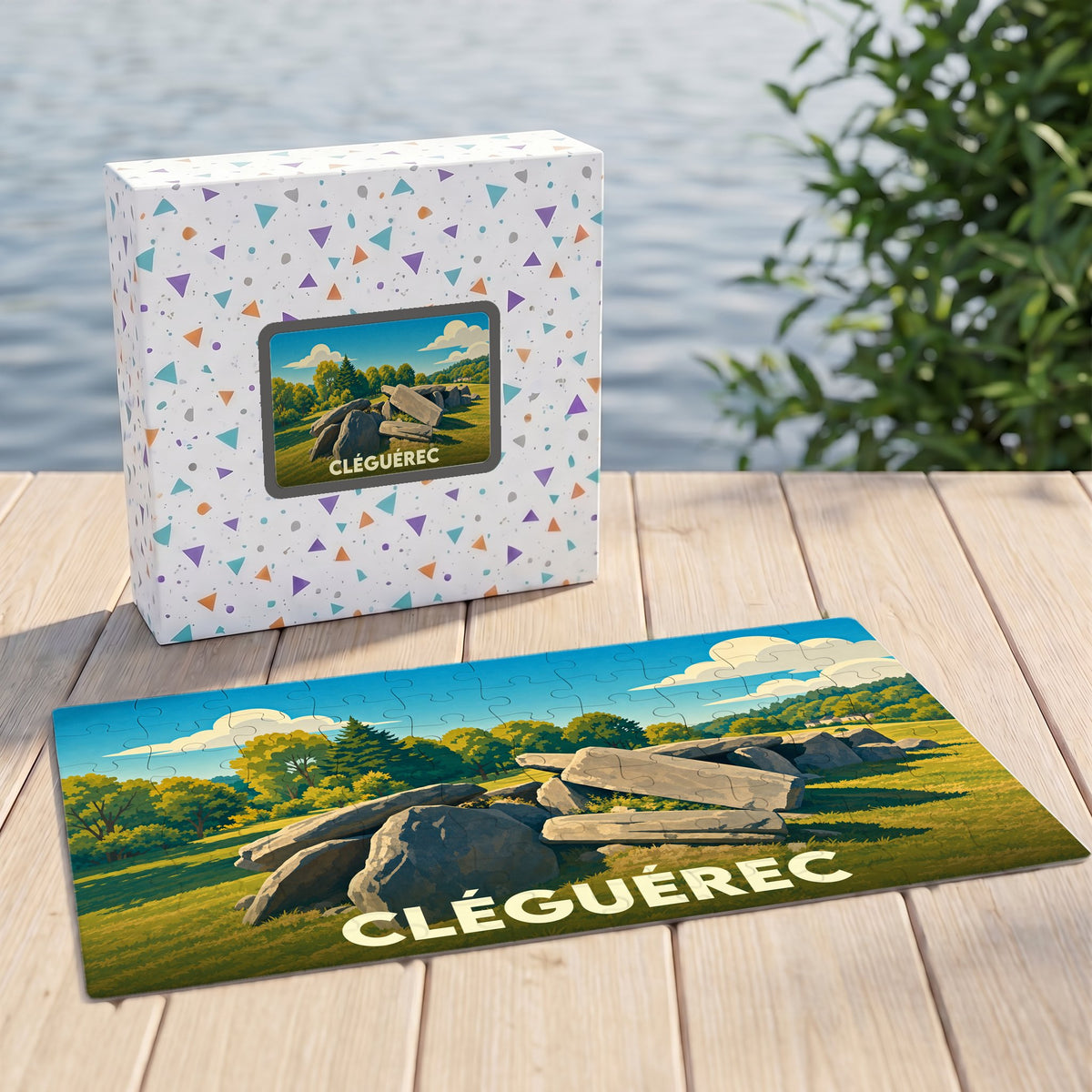 Puzzle souvenir de la ville de Cléguérec présentant une illustration stylisée d'un monument mégalithique.