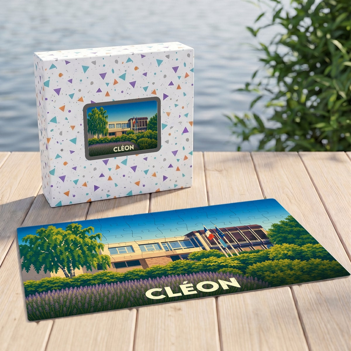 Puzzle souvenir de la ville de Cléon avec une illustration colorée de l'hôtel de ville.