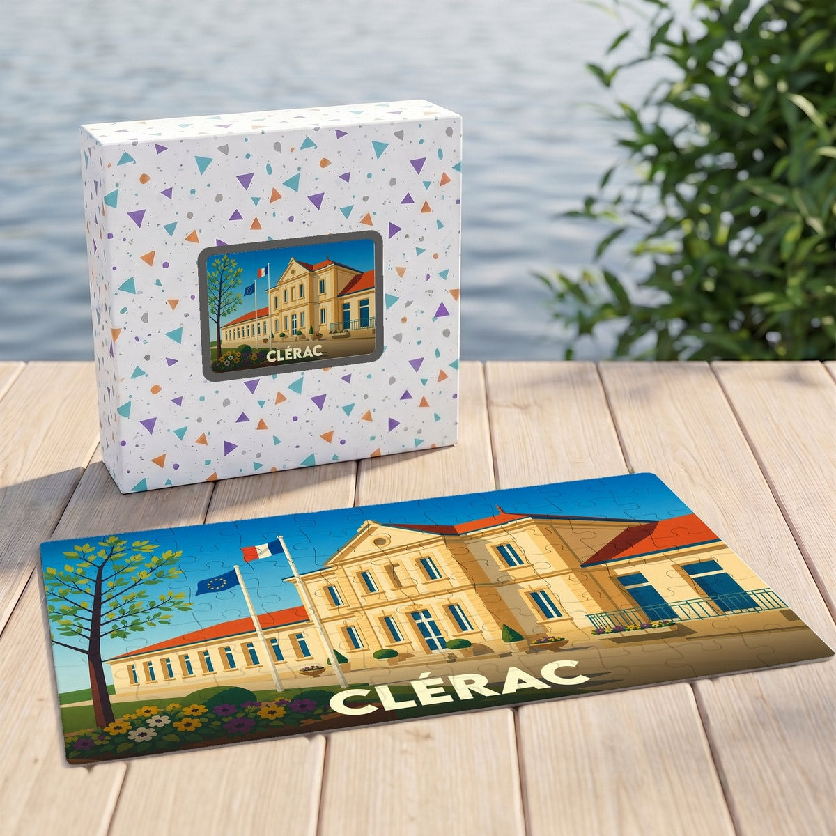 Puzzle souvenir de la ville de Clérac avec une illustration stylisée de sa mairie.
