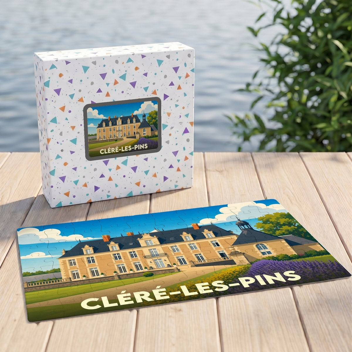 Puzzle souvenir de la ville de Cléré-les-Pins avec une illustration stylisée d'un château.