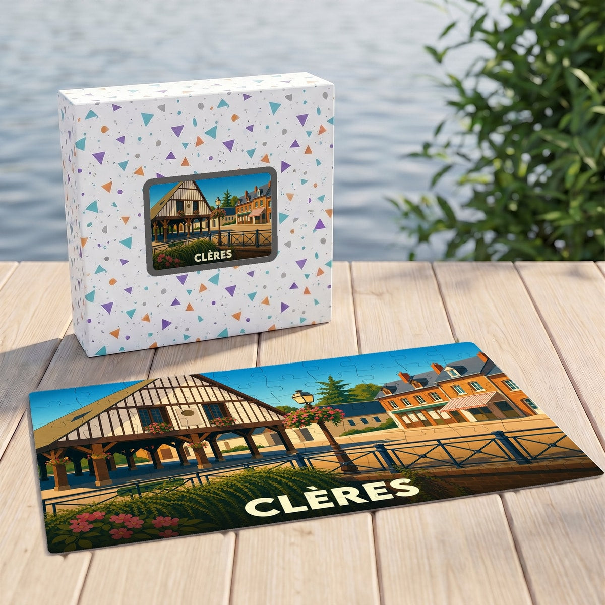 Puzzle souvenir de la ville de Clères avec une illustration stylisée de son architecture traditionnelle.