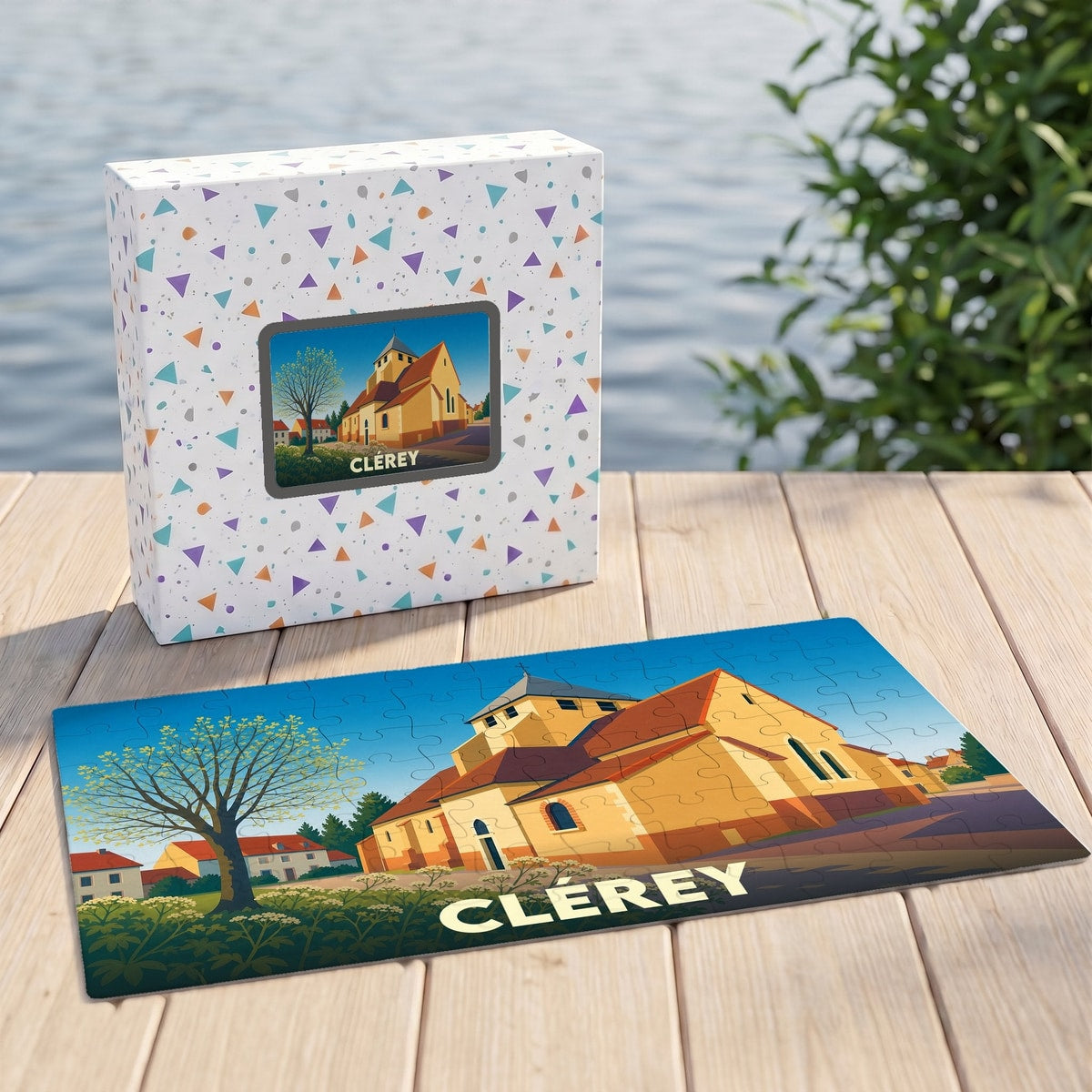 Puzzle souvenir de la ville de Clérey avec une illustration stylisée de son église.