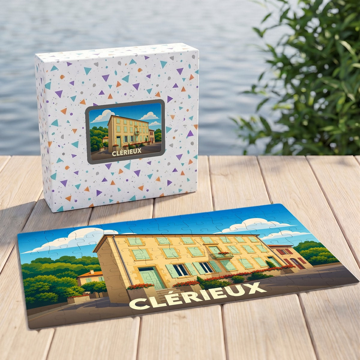Puzzle souvenir de la ville de Clérieux avec une illustration stylisée d'une bâtisse provençale.