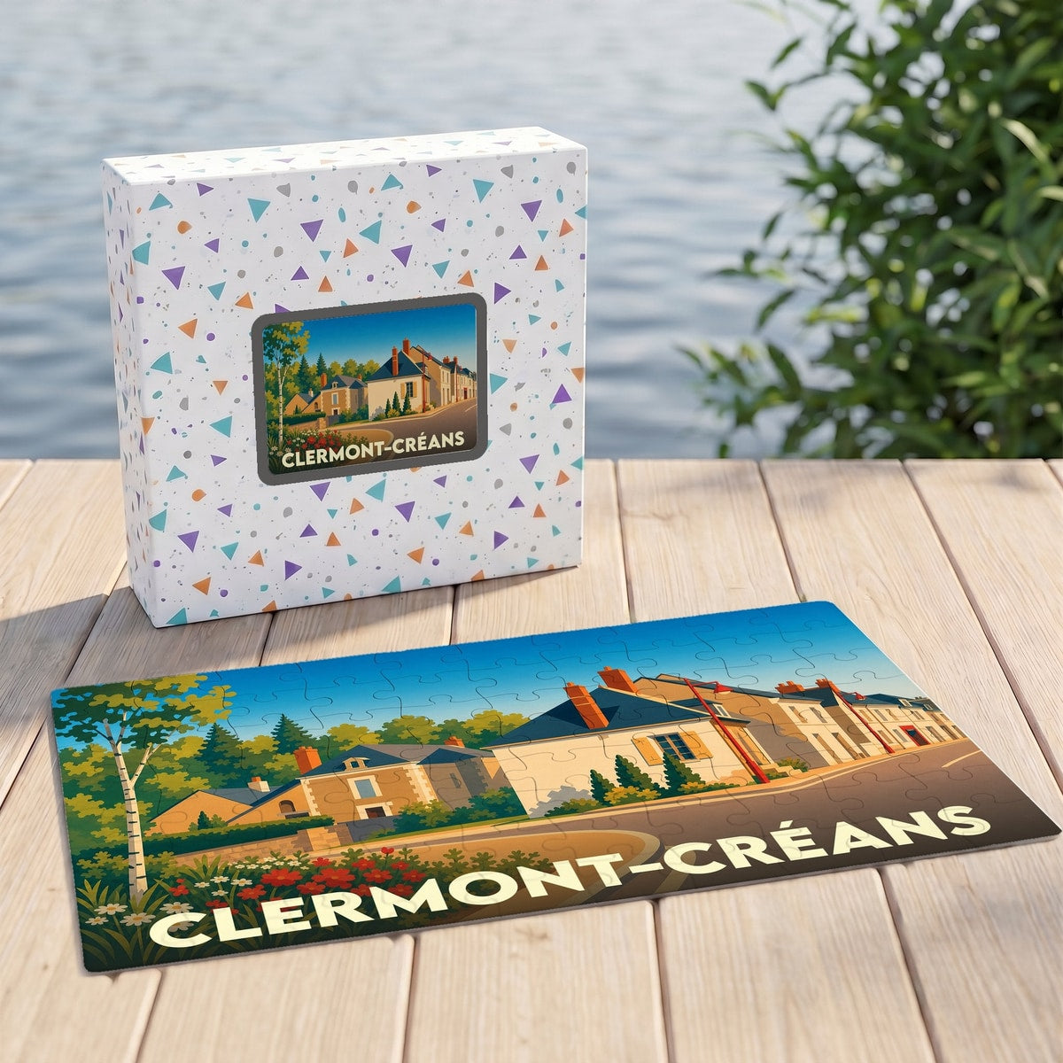 Puzzle souvenir de la ville de Clermont-Créans avec une illustration stylisée.