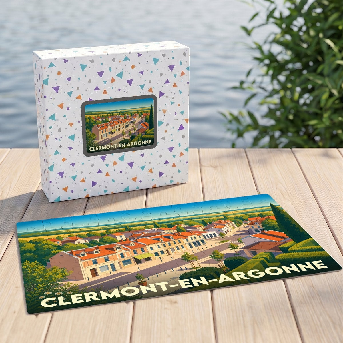 Puzzle souvenir de la ville de Clermont-en-Argonne avec une illustration stylisée.