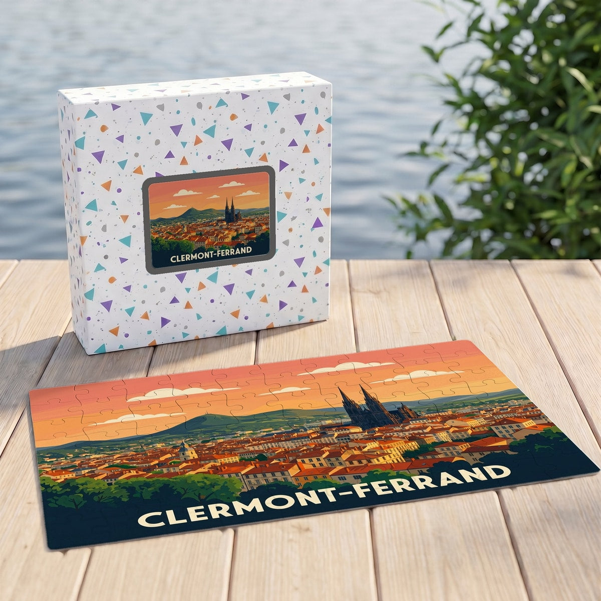 Puzzle souvenir de la ville de Clermont-Ferrand avec une illustration panoramique stylisée.