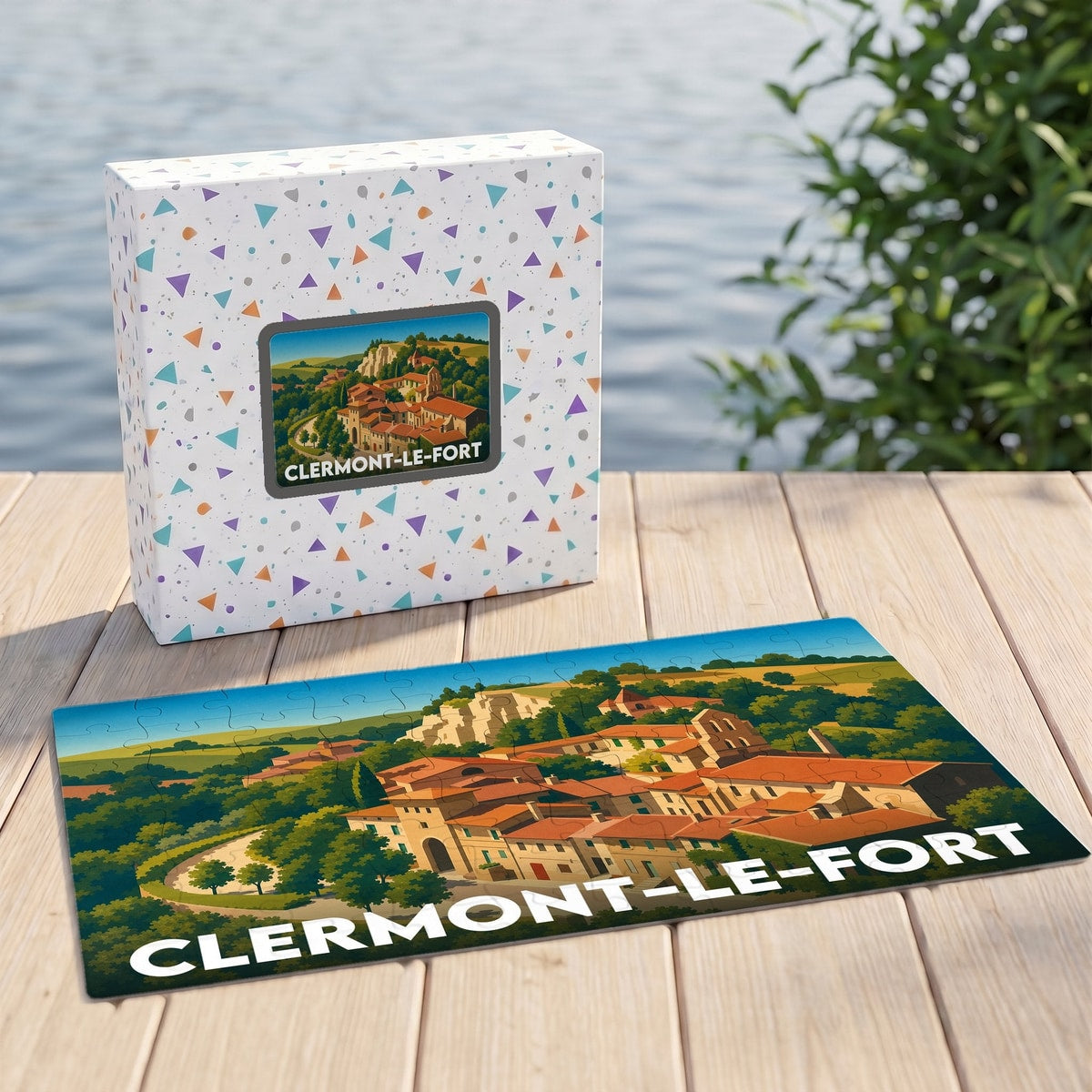Puzzle souvenir de la ville de Clermont-le-Fort avec une illustration stylisée de son paysage vallonné.